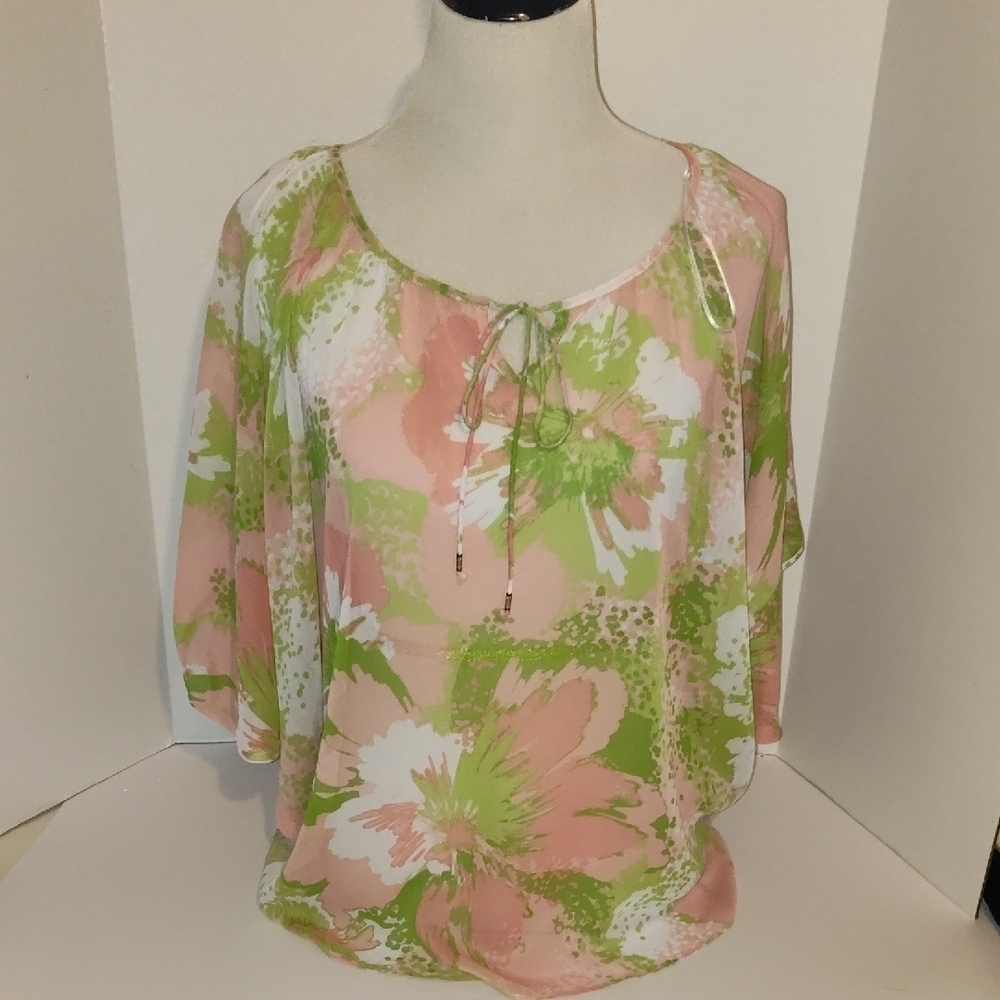RUBY RD Blouse Peachy Floral Batwing Sleeve Tropical Cover Top Sheer Size XL